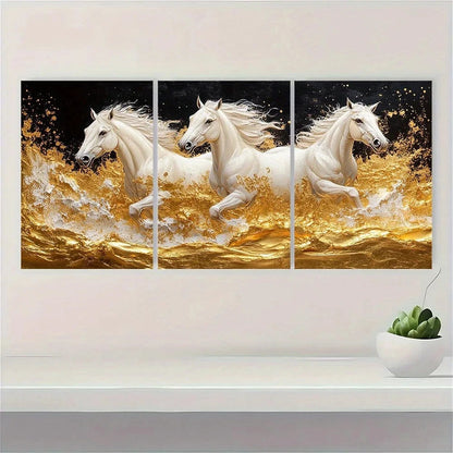 3pcs Golden Horses Modern Abstract Painting Metal Print Ready to Hang Art
