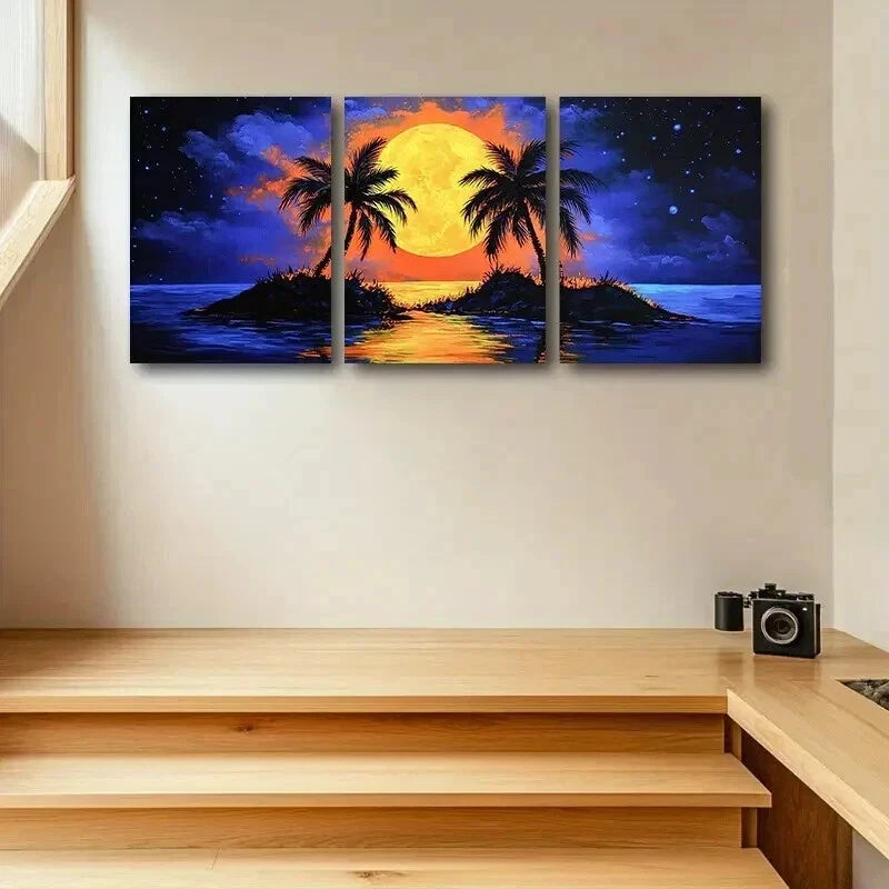 3pcs Vibrant Palm Tree and Ocean View Wall Art Set Canvas Framed 40x60cm - High Quality Print 100% Australian Made Wall Canvas Ready to Hang