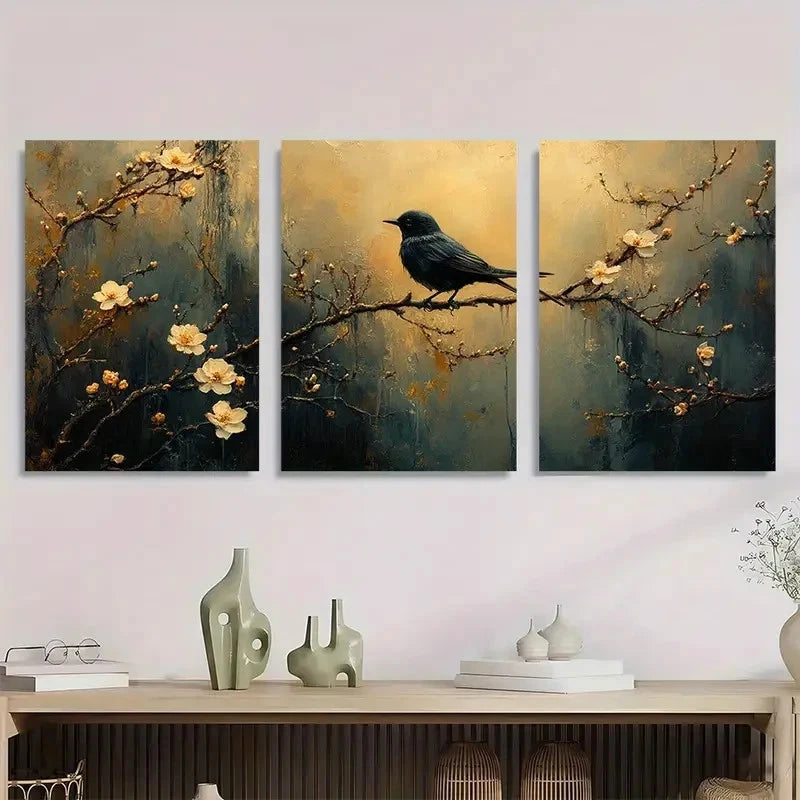 3pcs Whimsical Dog & Blossom Design Perfect Wall Art Set Canvas Framed 40x60cm - High Quality Print 100% Australian Made Wall Canvas Ready to Hang