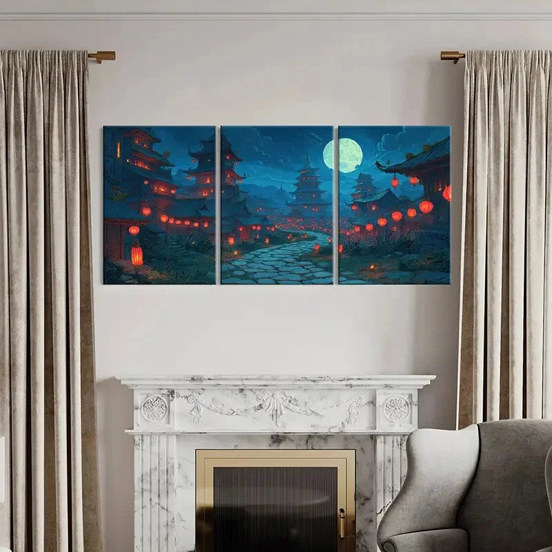 3pcs East Asian Architecture Full Moon Red Lantern Metal Print Ready to Hang Art