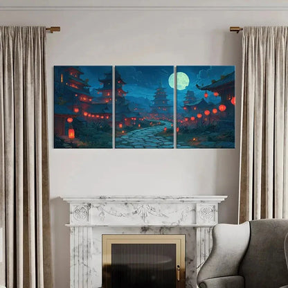 3pcs East Asian Architecture Full Moon Red Lantern Metal Print Ready to Hang Art