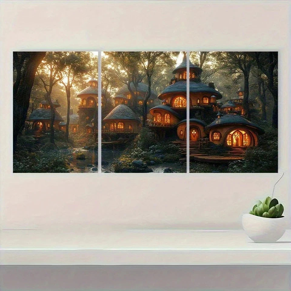 3pcs Gnome City Houses in Forest Scene Metal Print Ready to Hang Art