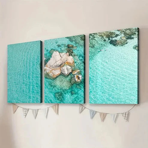 3pcs Beach Ocean Classic Paintings Stone Modern Style Wall Art Set Canvas Unframed - High Quality Print 100% Australian Made Wall Canvas