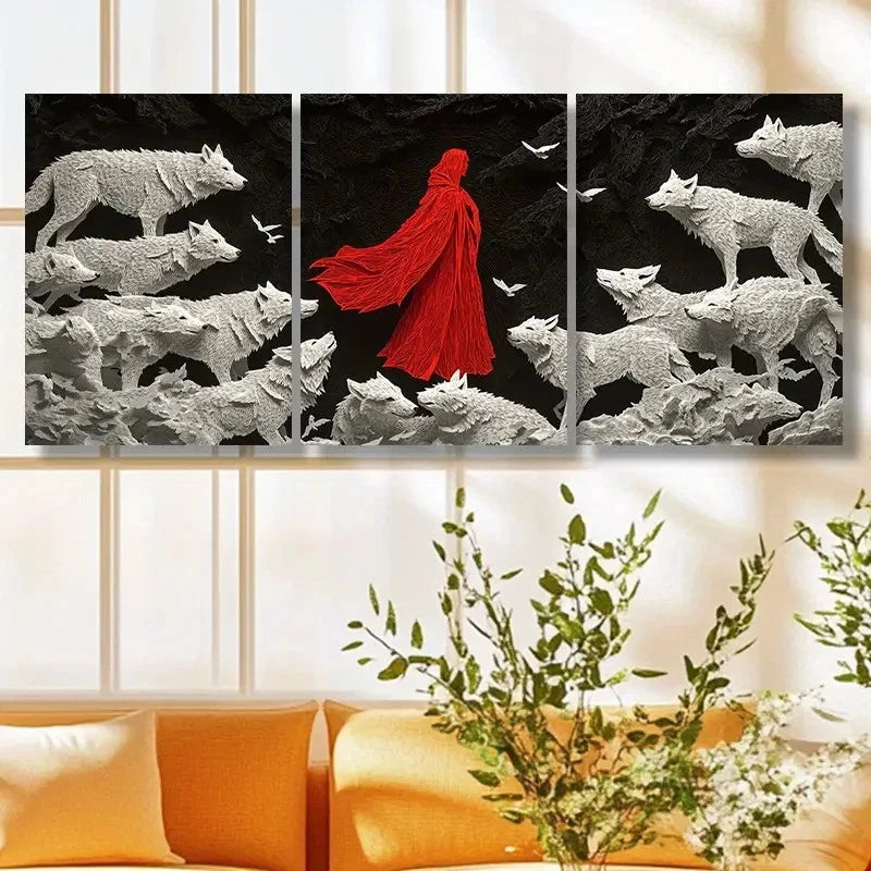 3pcs White Wolves Surrounding Red Metal Print Ready to Hang Art