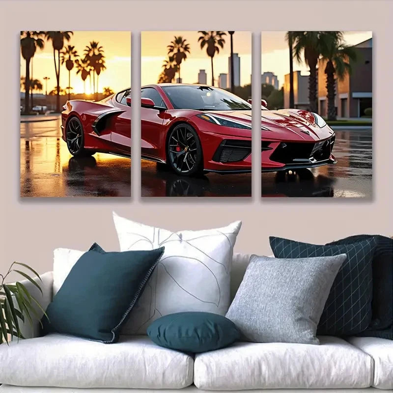 3pcs Red Chevrolet Corvette C8 Sports Car Sunset Wall Art Set Canvas Framed 60x90cm - High Quality Print 100% Australian Made Wall Canvas Ready to Hang