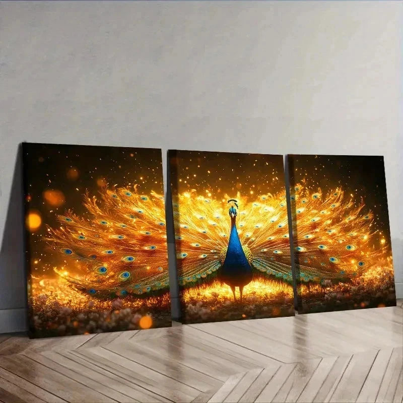 3pcs Golden Peacock Art Decoration Wall Art Set Canvas Framed 40x60cm - High Quality Print 100% Australian Made Wall Canvas Ready to Hang