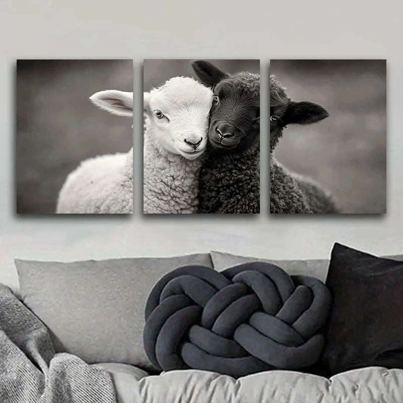 3pcs Featuring Black and White Lamb Metal Print Ready to Hang Art