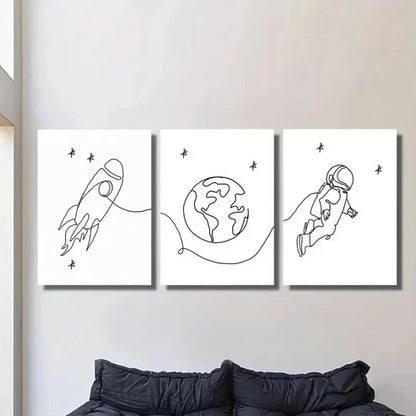 3pcs Earth Rocket Astronaut Line Drawings Wall Art Set Canvas Unframed - High Quality Print 100% Australian Made Wall Canvas