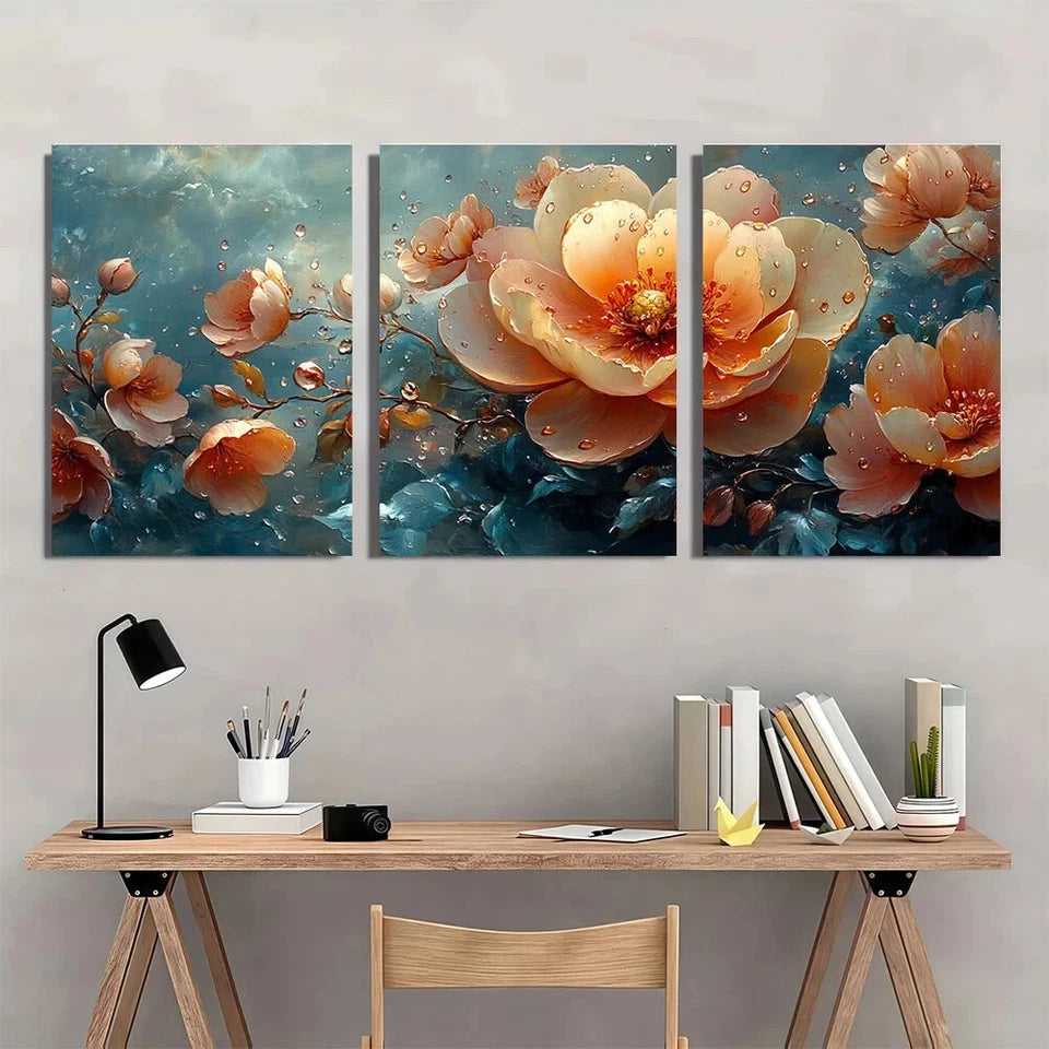 3pcs Vibrant Peach & Orange Blossoms with Dewy Metal Print Ready to Hang Art