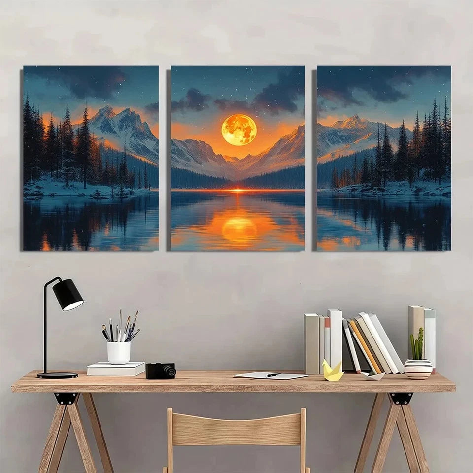 3pcs Snow Capped Mountain at Night Metal Print Ready to Hang Art