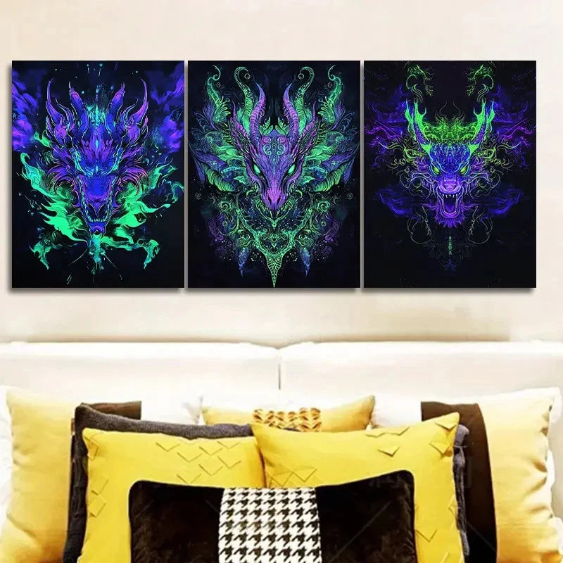 3pcs Traditional & Contemporary Dragon Metal Print Ready to Hang Art