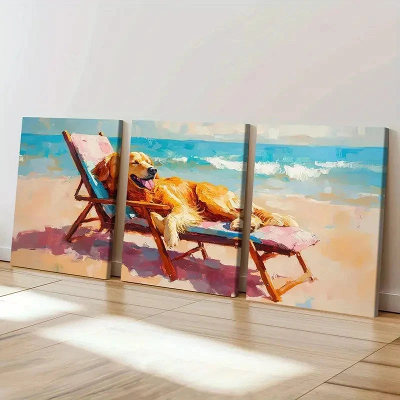 3pcs Beach Scene Golden Retriever Painting   Wall Art Set Canvas Framed 60x90cm - High Quality Print 100% Australian Made Wall Canvas Ready to Hang