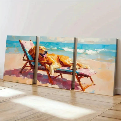 3pcs Beach Scene Golden Retriever Painting   Wall Art Set Canvas Framed 60x90cm - High Quality Print 100% Australian Made Wall Canvas Ready to Hang