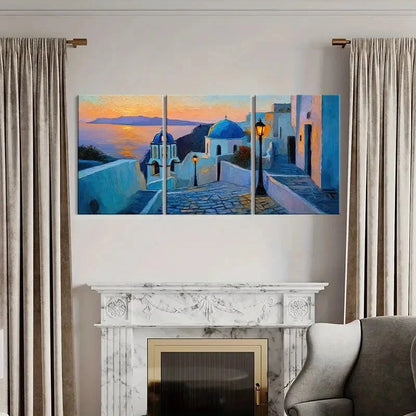 3pcs Santorini Sunset Mediterranean Coastal Scene Metal Print Ready to Hang Art