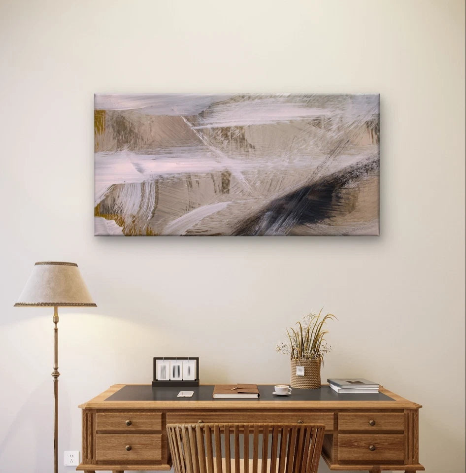 Modern Neutral Abstract Brushstroke Wall Art Canvas Office Home Framed 120x60cm
