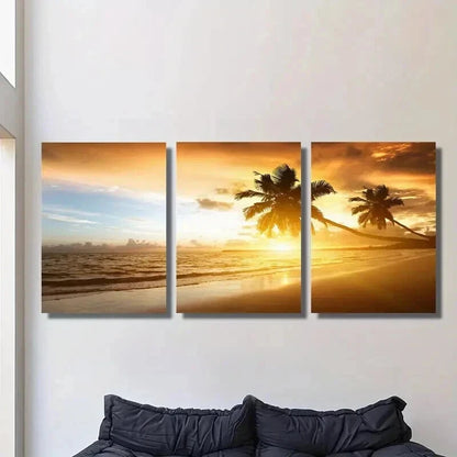 3pcs Sunset Over The Sea & Palm Trees Wall Art Set Canvas Framed 40x60cm - High Quality Print 100% Australian Made Wall Canvas Ready to Hang