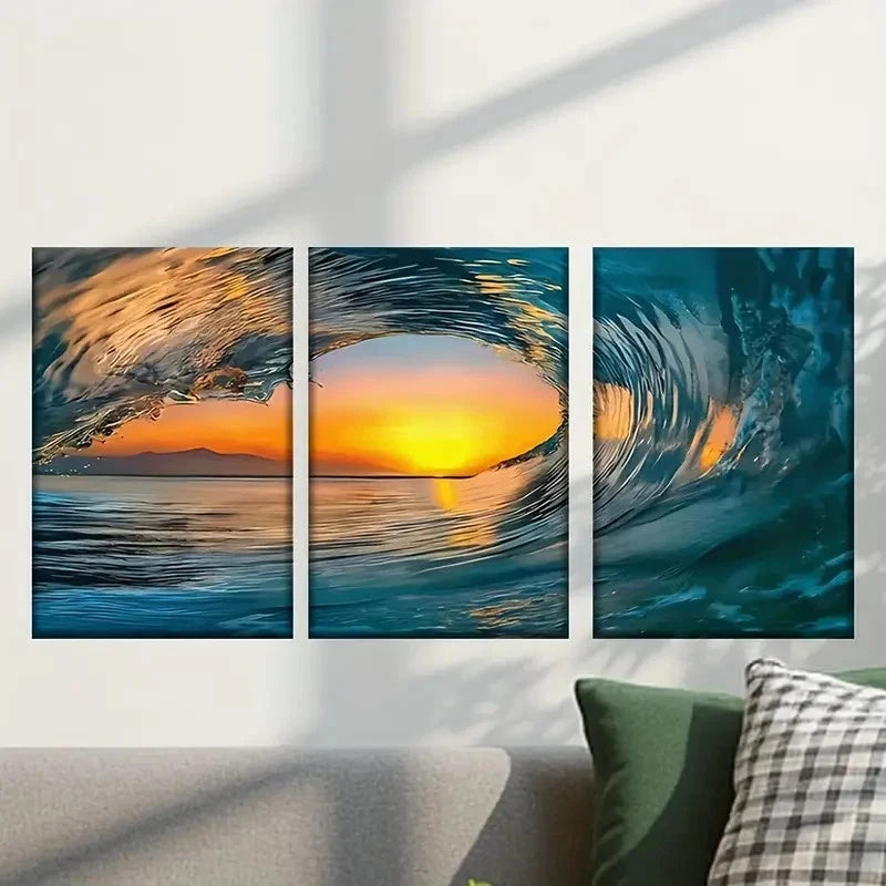 3pcs Waves in The Ocean During Sunset Wall Art Set Canvas Framed 60x90cm - High Quality Print 100% Australian Made Wall Canvas Ready to Hang