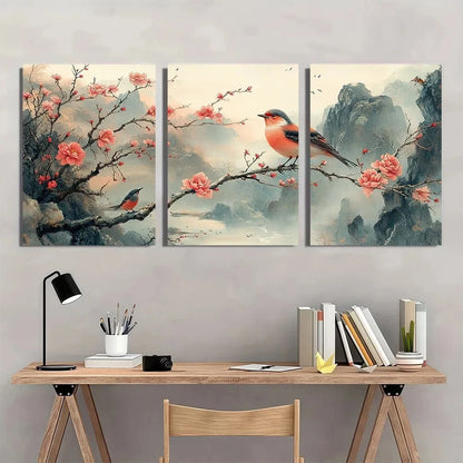3pcs Chinese Style Peony & Bird Metal Print Ready to Hang Art