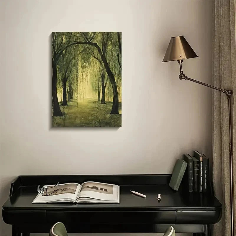 Serene Willow Forest Scene with Sunlit Painting 40x60cm Metal Print Ready to Hang