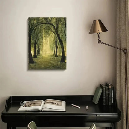 Serene Willow Forest Scene with Sunlit Painting 40x60cm Metal Print Ready to Hang