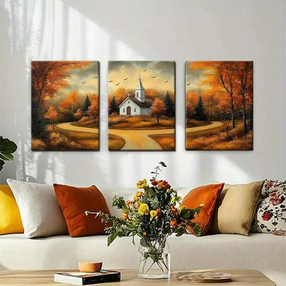 3pcs Autumn Church Landscape Rustic Perfect Wall Art Set Canvas Framed 40x60cm - High Quality Print 100% Australian Made Wall Canvas Ready to Hang