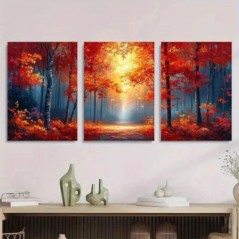 3pcs Warm Autumn Forest Orange & Red Trees Wall Art Set Canvas Framed 40x60cm - High Quality Print 100% Australian Made Wall Canvas Ready to Hang