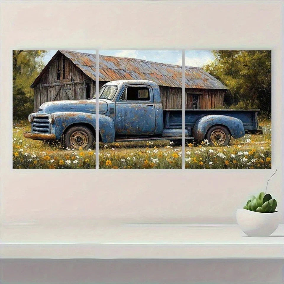 3pcs Vintage Blue Farmhouse Truck & Barn Flowers Metal Print Ready to Hang Art