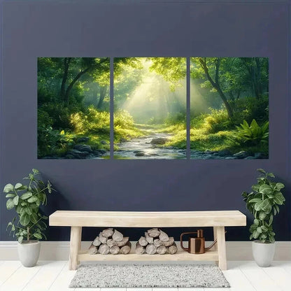 3pcs Serene Green Forest Lush Trees & Stream Wall Art Set Canvas Framed 40x60cm - High Quality Print 100% Australian Made Wall Canvas Ready to Hang