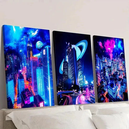 3pcs Sci-Fi City Night Scene with Neon Colors Wall Art Set Canvas Unframed - High Quality Print 100% Australian Made Wall Canvas