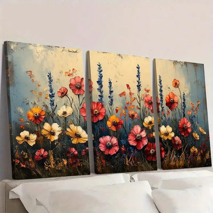 3pcs Vintage Wildflower Red Yellow Pink Wall Art Set Canvas Framed 40x60cm - High Quality Print 100% Australian Made Wall Canvas Ready to Hang