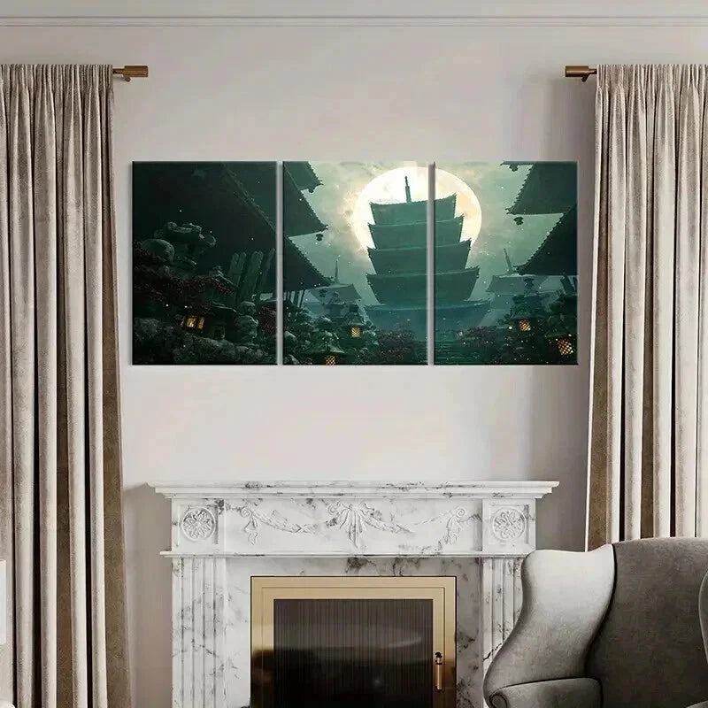 3pcs Japanese Style Shrine & Moon Landscape Wall Art Set Canvas Framed 40x60cm - High Quality Print 100% Australian Made Wall Canvas Ready to Hang