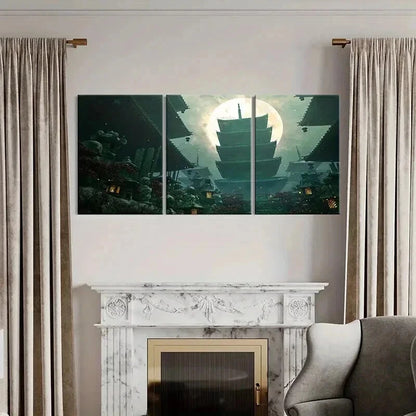 3pcs Japanese Style Shrine & Moon Landscape Wall Art Set Canvas Framed 40x60cm - High Quality Print 100% Australian Made Wall Canvas Ready to Hang