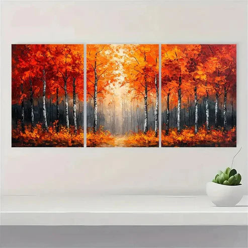 3pcs Forest Art with Red & Orange Leaves Wall Art Canvas Unframed - High Quality Print 100% Australian Made Wall Canvas