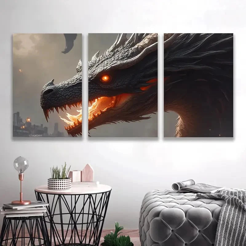 3pcs Black Dragon with Glowing Orange Eyes art Wall Art Set Canvas Framed 50x70cm - High Quality Print 100% Australian Made Wall Canvas Ready to Hang