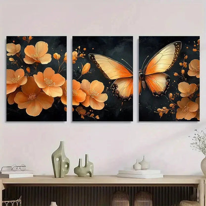 3pcs Modern Floral and Butterfly Metal Print Ready to Hang Art