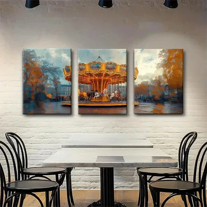 3pcs Vintage Carousel in Autumn Park Perfect Wall Art Set Canvas Unframed - High Quality Print 100% Australian Made Wall Canvas