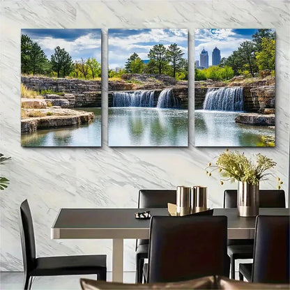 3pcs Nature Scenery with Waterfall & Pine Trees Metal Print Ready to Hang Art