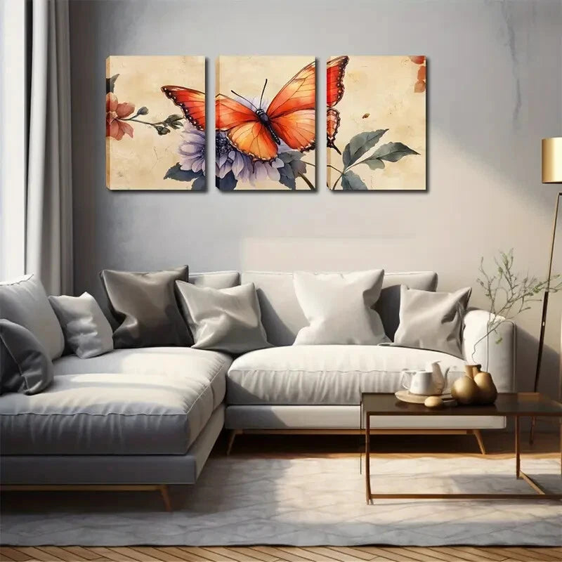 3pcs Orange-Red Butterflies Resting Perfect Wall Art Set Canvas Framed 40x60cm - High Quality Print 100% Australian Made Wall Canvas Ready to Hang