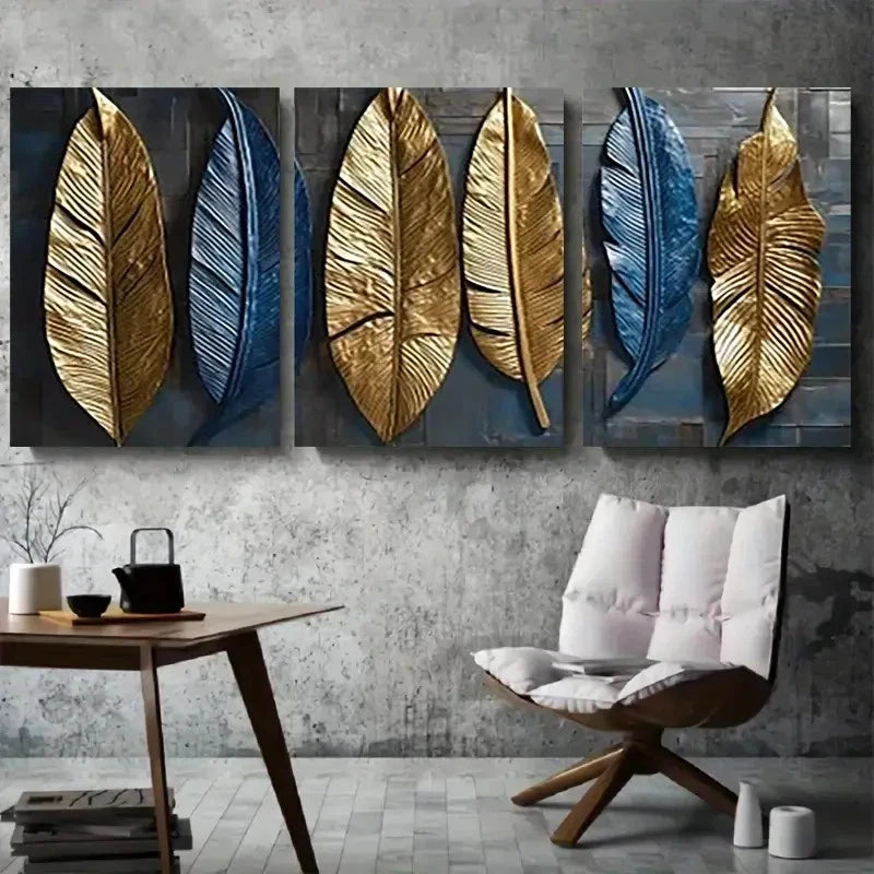 3pcs Metallic Blue Golden Feather Leaf Metal Print Ready to Hang Art