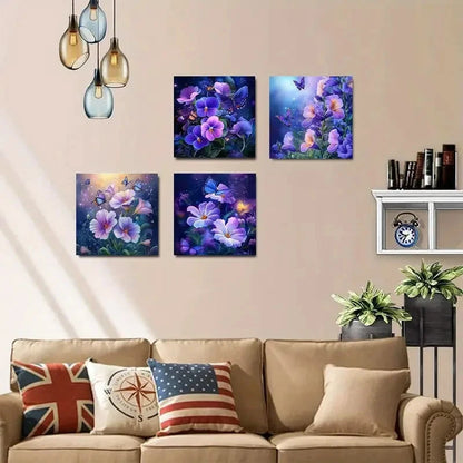 4pcs Purple,Blue, & Yellow Flowers,Sparkling But Wall Art Canvas Framed