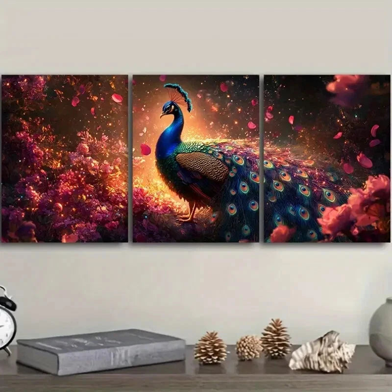 3pcs A colorful PeaRooster Bird Themed Metal Print Ready to Hang Art