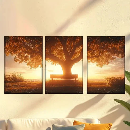 3pcs Bench Under a Tree in a Field Wall Art Canvas Unframed - High Quality Print 100% Australian Made Wall Canvas