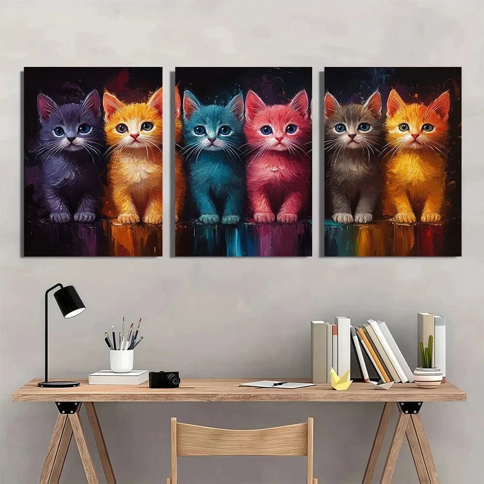 3pcs Colorful Cartoon Cats Animal Metal Print Ready to Hang Art