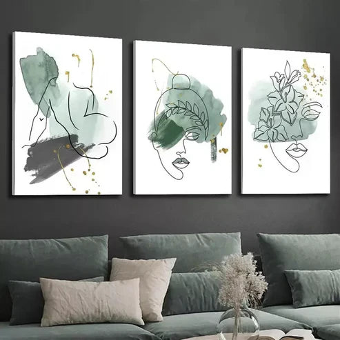 3pcs Abstract Green Sage Line Face Shape Canvas Unframed - High Quality Print 100% Australian Made Wall Canvas