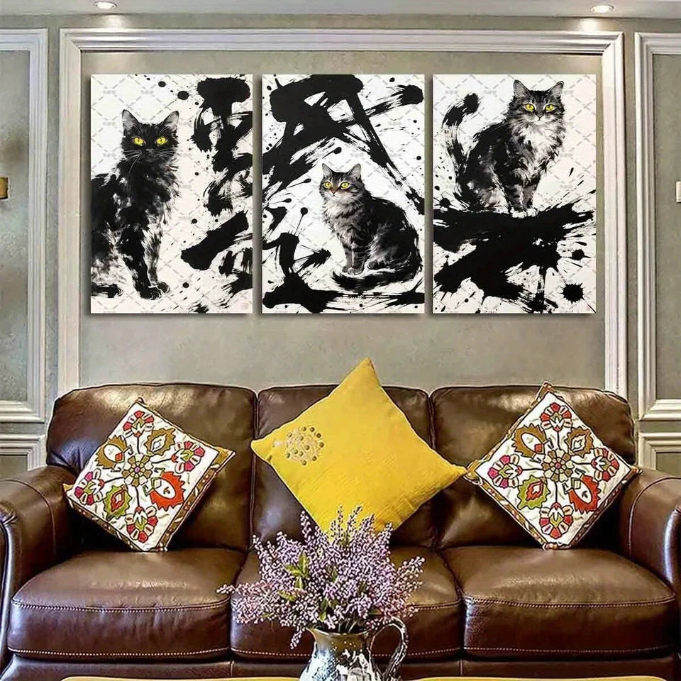 3pcs Black and White Cat Vibrant Yellow Eyes Metal Print Ready to Hang Art