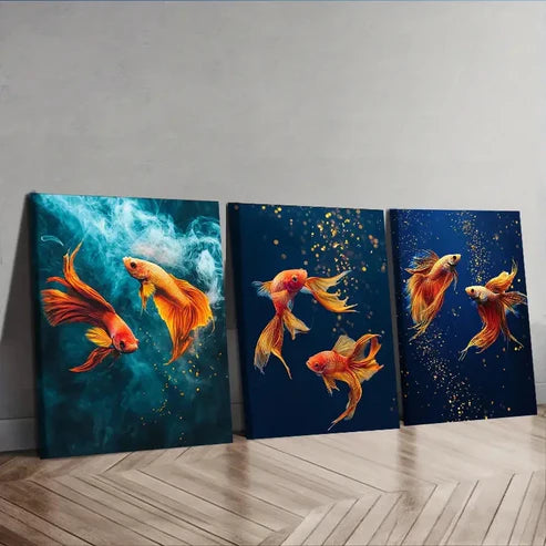 3pcs yellow betta fish Wall Art Set Canvas Unframed - High Quality Print 100% Australian Made Wall Canvas