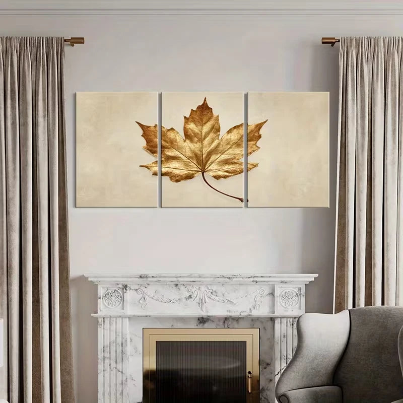 3pcs Golden Maple Leaf Elegant Nature  Wall Art Set Canvas Framed 60x90cm - High Quality Print 100% Australian Made Wall Canvas Ready to Hang