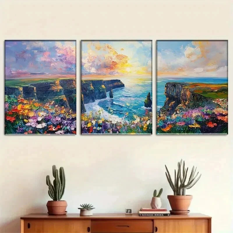 3pcs Cliffs by Sea with Colorful Flower Perfect Wall Art Set Canvas Framed 40x60cm - High Quality Print 100% Australian Made Wall Canvas Ready to Hang