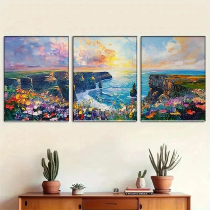 3pcs Cliffs by Sea with Colorful Flower Perfect Wall Art Set Canvas Framed 40x60cm - High Quality Print 100% Australian Made Wall Canvas Ready to Hang