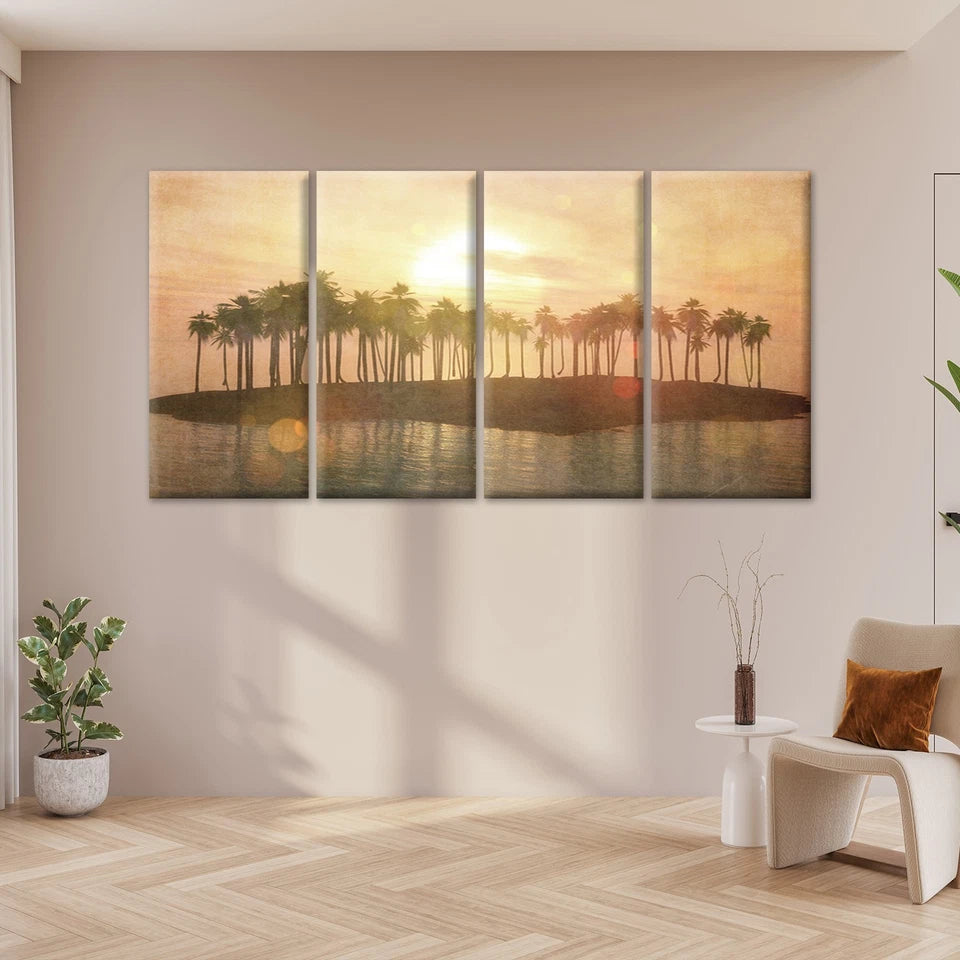 4pcs Tropical Island Sunset with Palm Trees Wall Art Canvas Framed 45x80cm - High Quality Print 100% Australian Made Wall Canvas Ready to Hang